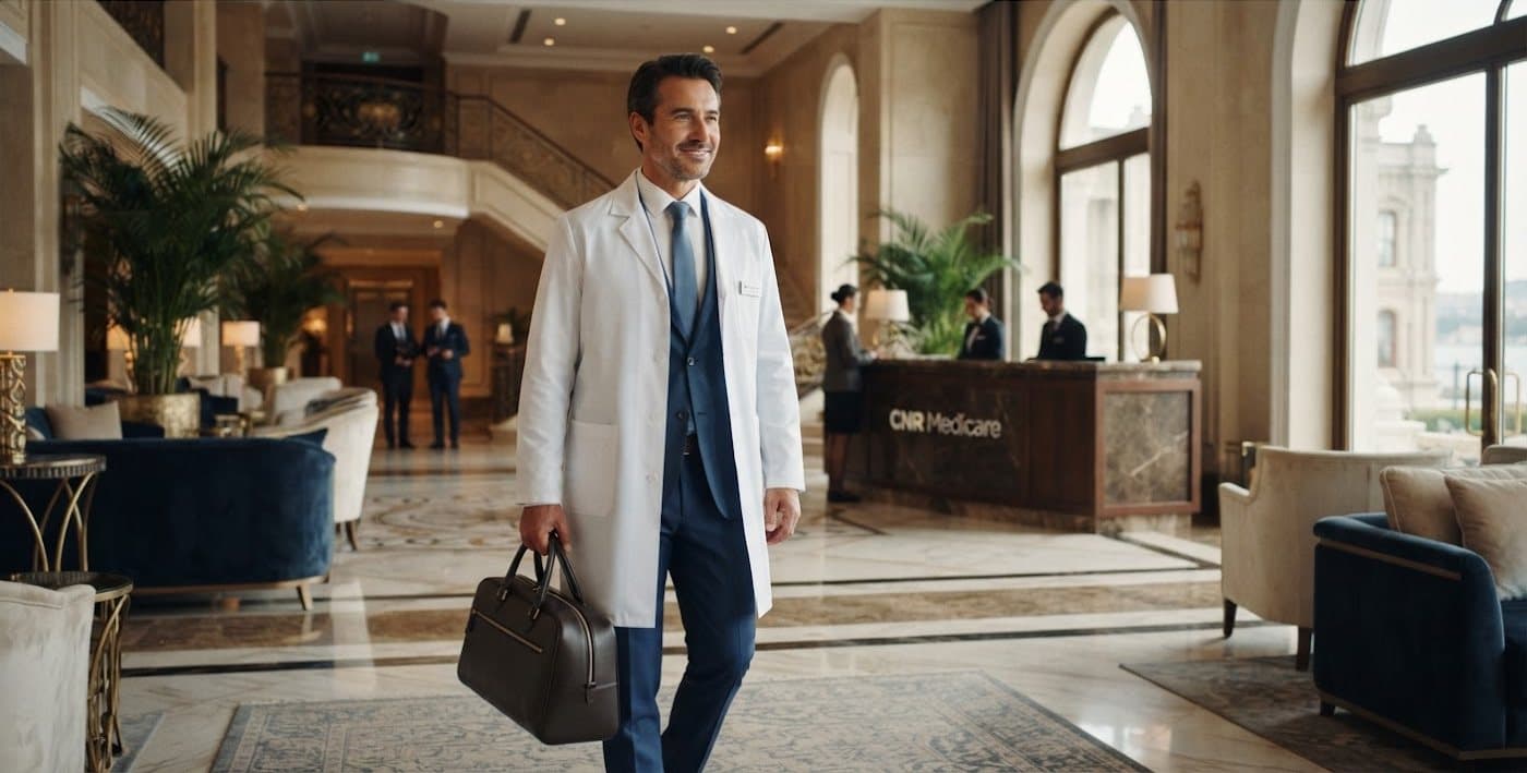 A doctor with a medical bag walking through the lobby of an Istanbul hotel
